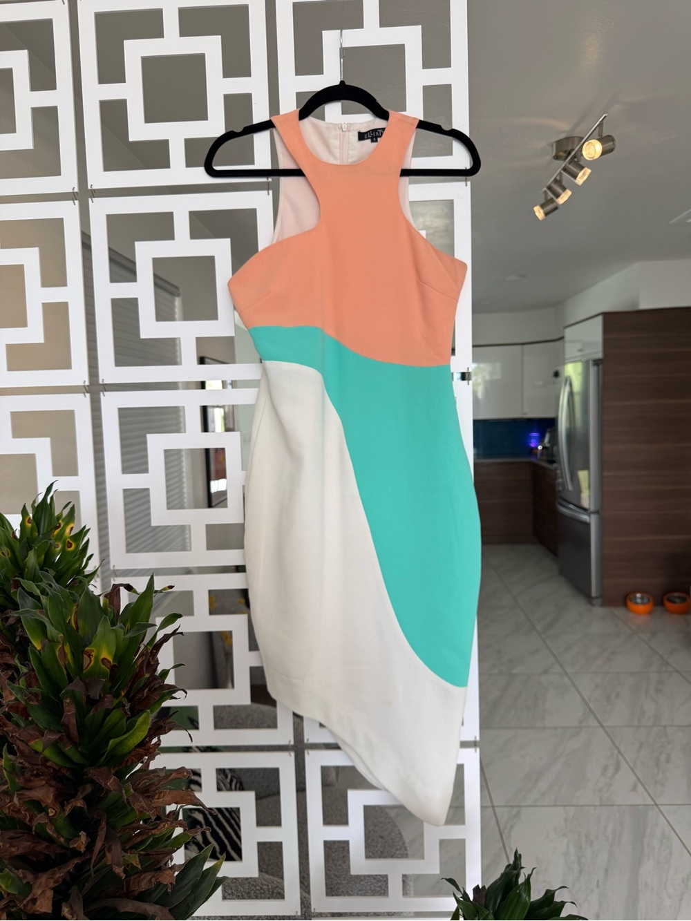 Elliatt Coral, Aqua & White Asymmetrical Midi Dress